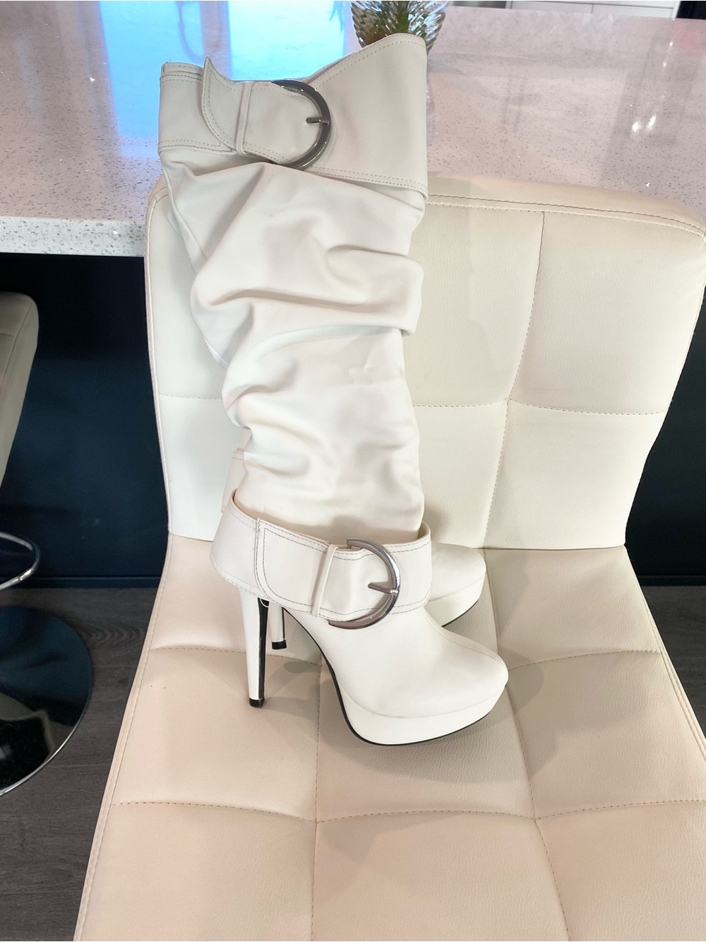 NEW White High-Heel Slouch Boot with Buckle- 6.5